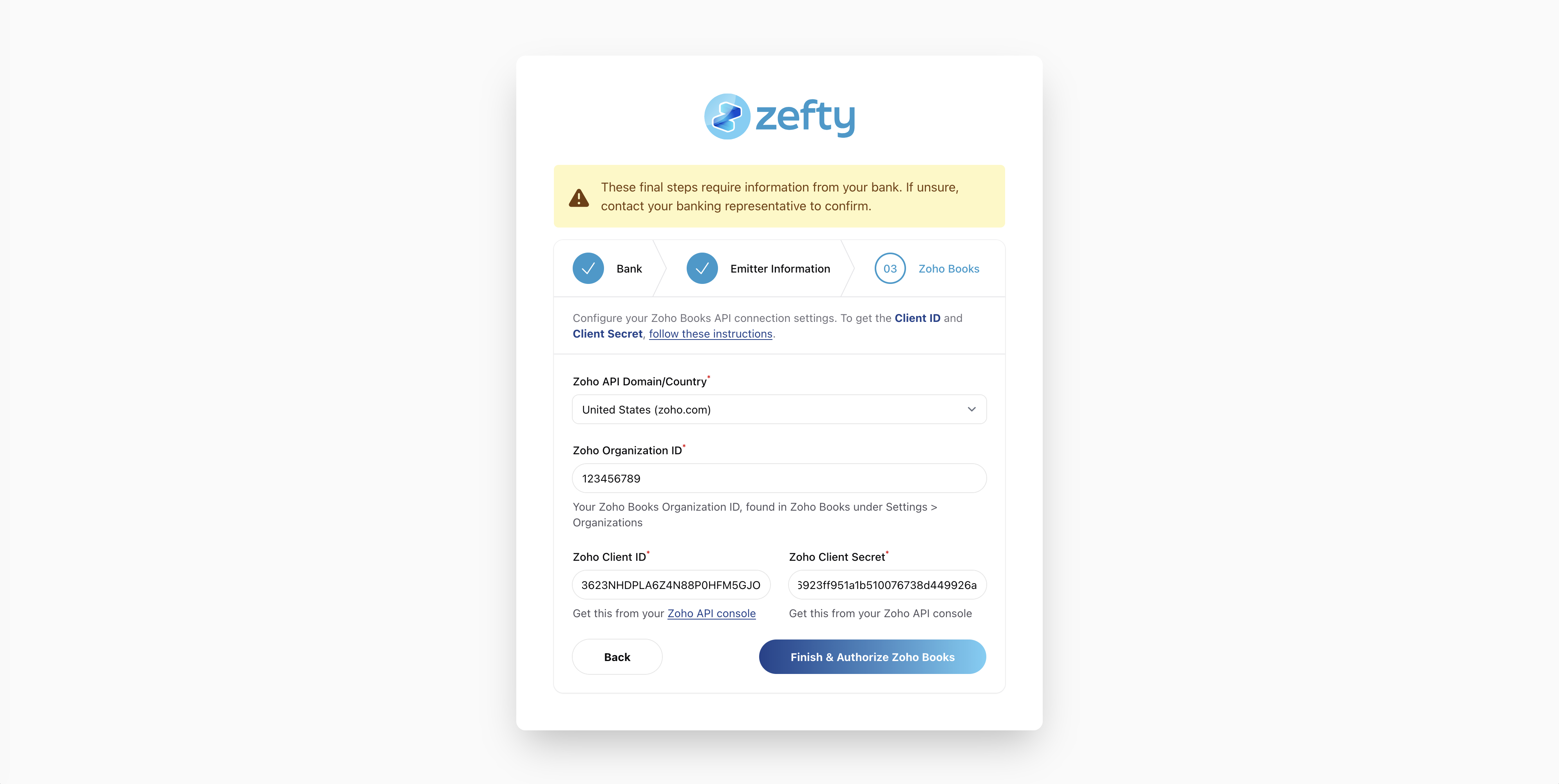 Zefty Zoho API credentials form
