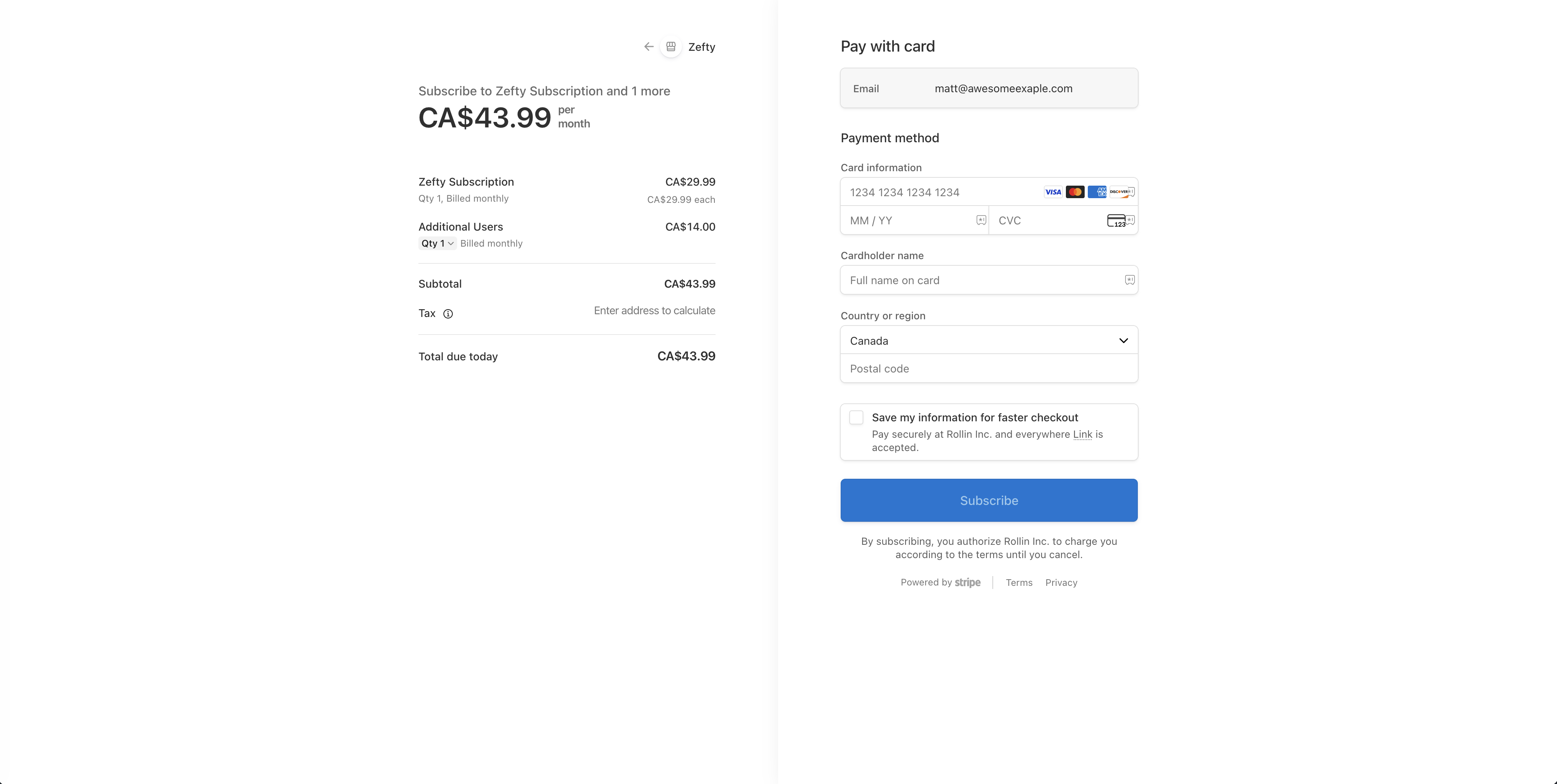 Stripe checkout page