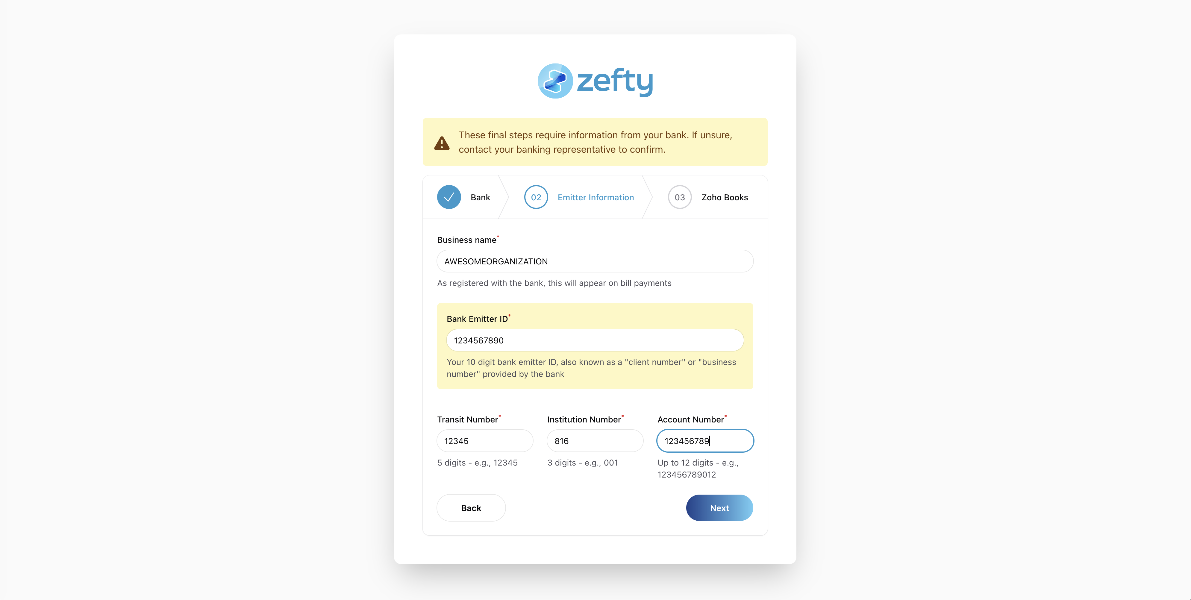 Bank emitter and account details form